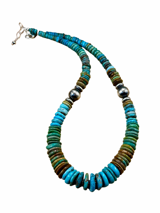 Kingman Turquoise Multi Color Disc & Sterling Silver Pearl Necklace