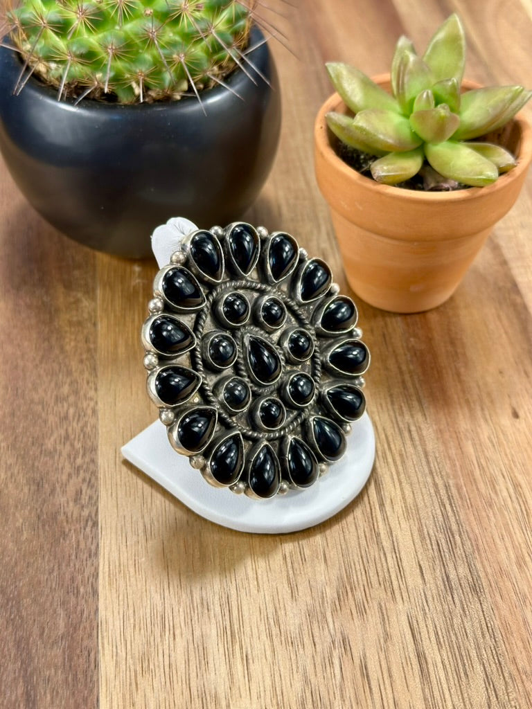 Black Onyx Floral Cluster Sterling Silver Ring