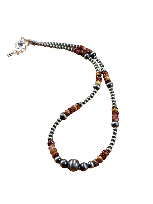 Purple Spiny Oyster and Silver Pearl Bead Necklace