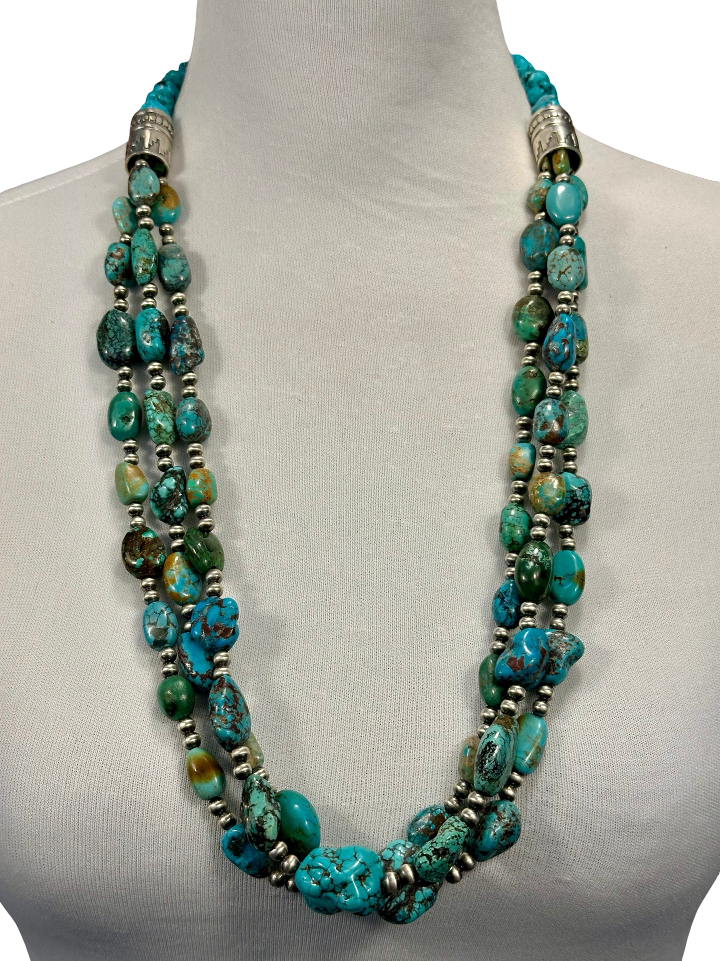 Kingman Turquoise 3 Strand Sterling Pearl Necklace