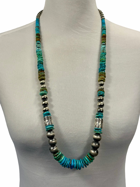 Kingman Turquoise Disc & Sterling Pearl Necklace