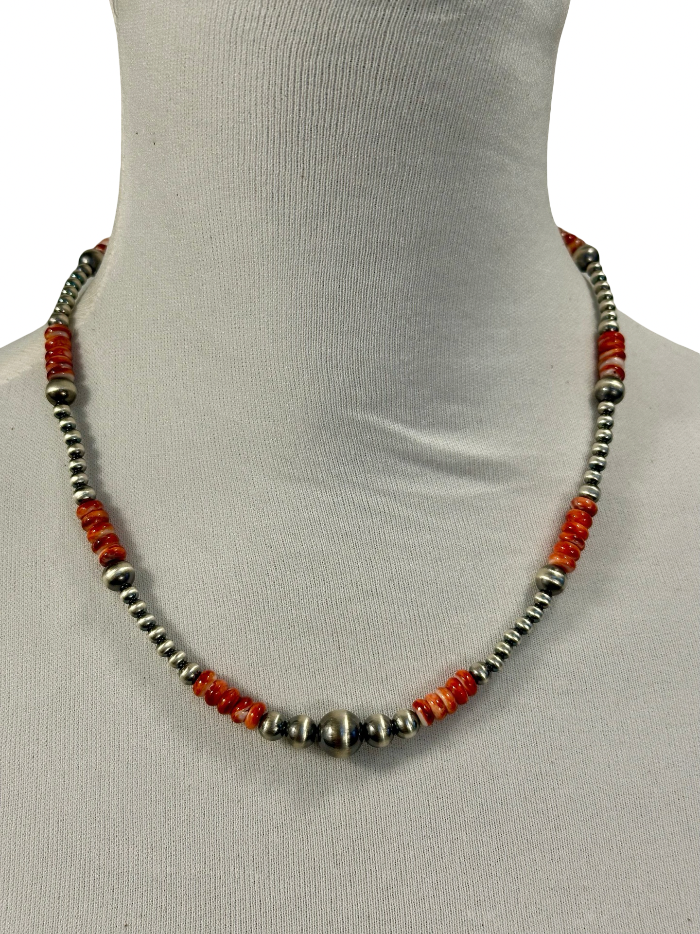 Red Spiny Oyster and Silver Pearl Bead Necklace