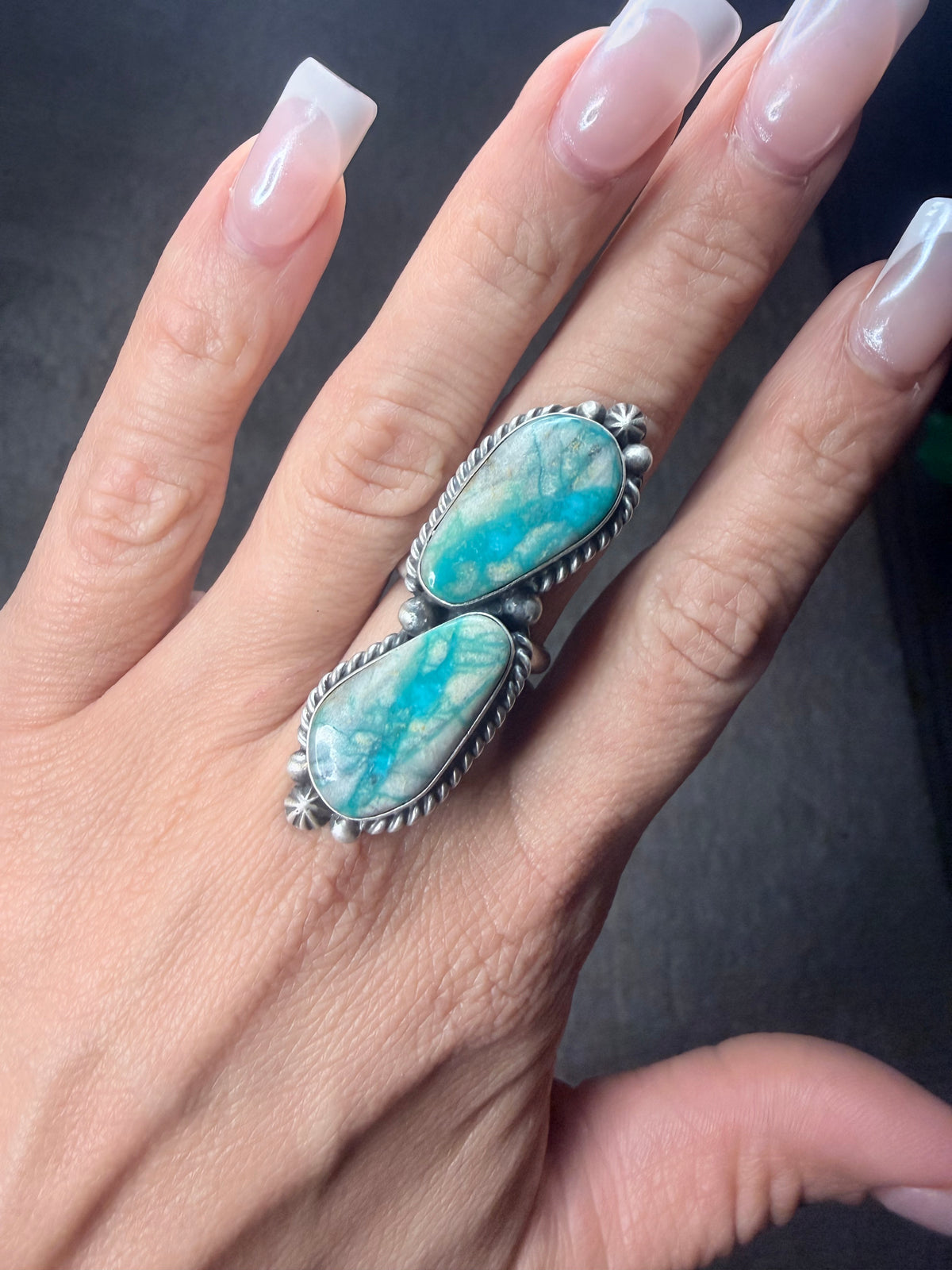 Royston Ribbon Turquoise 2 Stone Sterling Ring