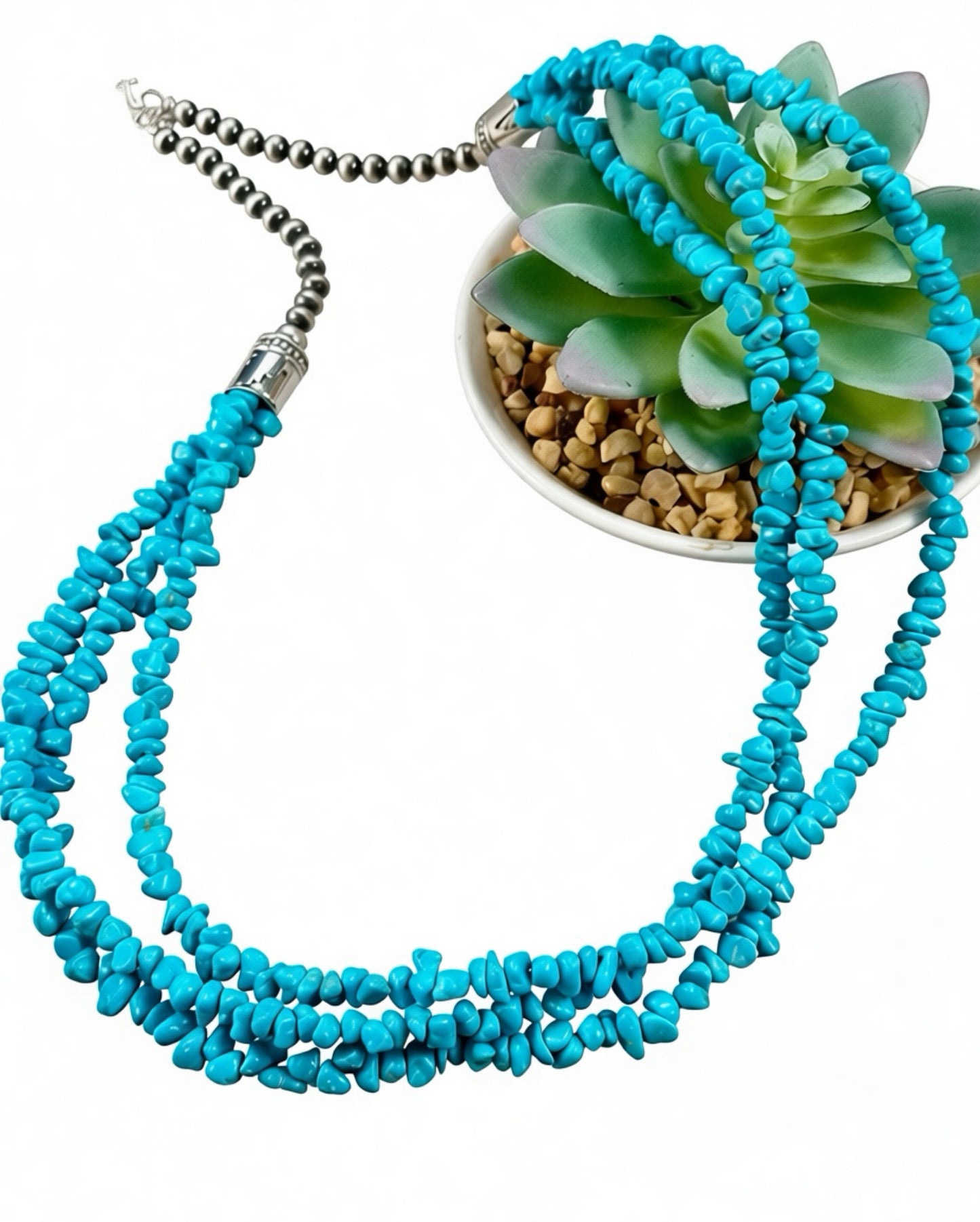 Kingman Turquoise 3 Strand Chip & Sterling Pearl Necklace