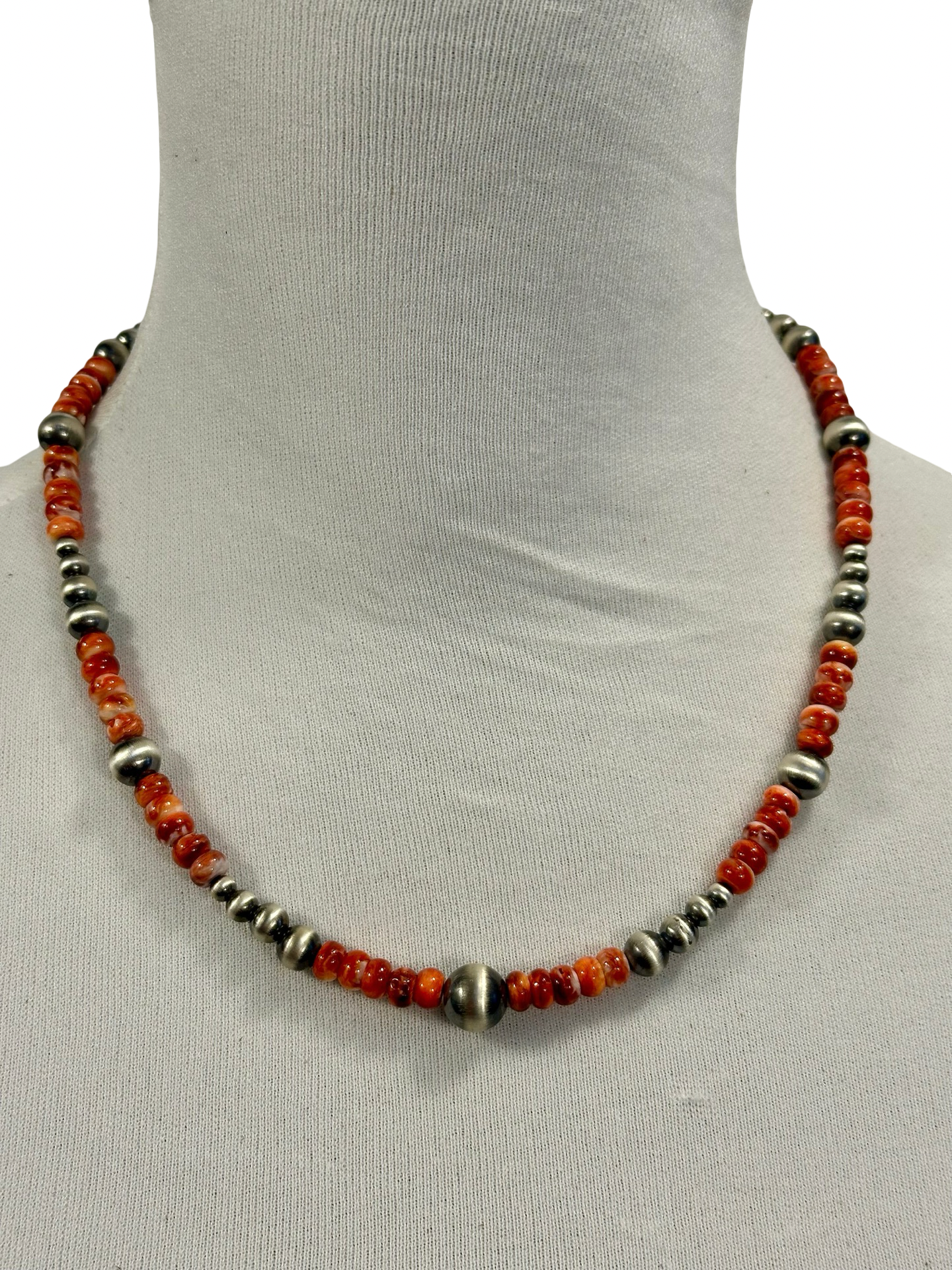 Red Spiny Oyster & Silver Pearl Bead Necklace