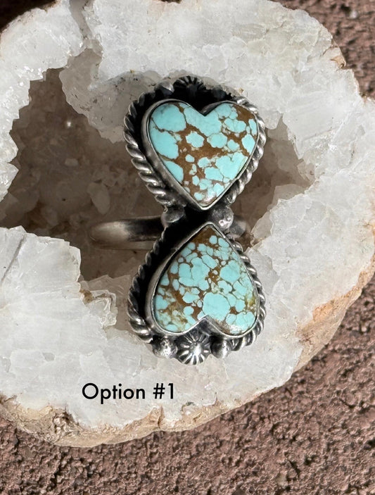 #8 Turquoise 2 Stone Heart Sterling Ring