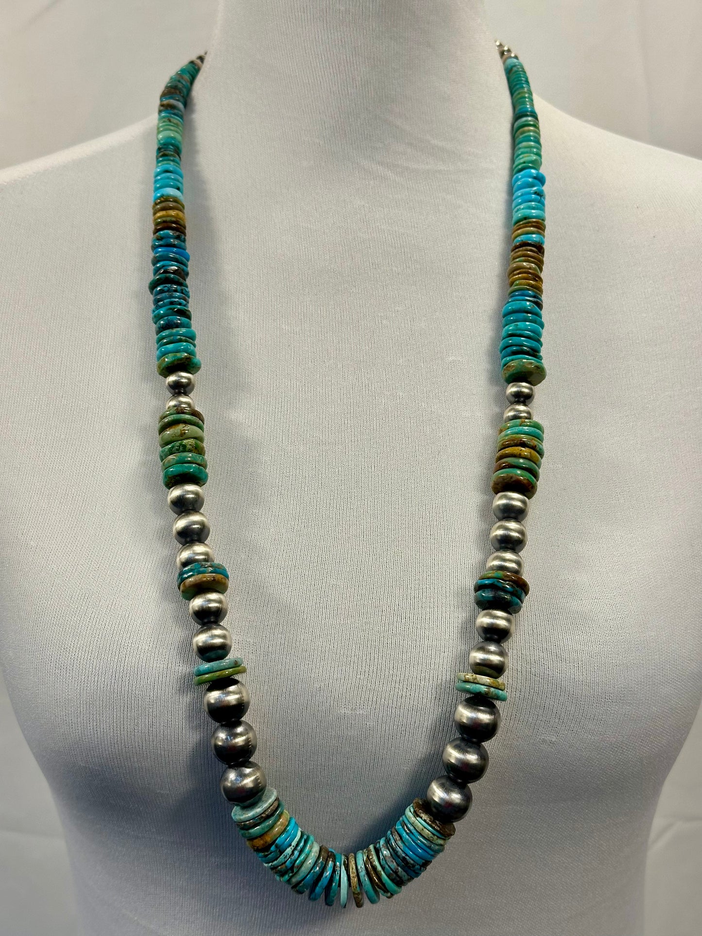 Kingman Turquoise Disc & Sterling Pearl Necklace