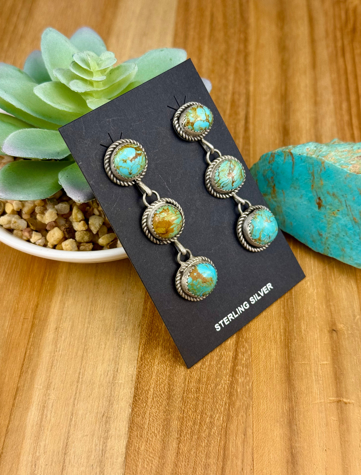 Kingman Turquoise 3 Stone Sterling Earrings