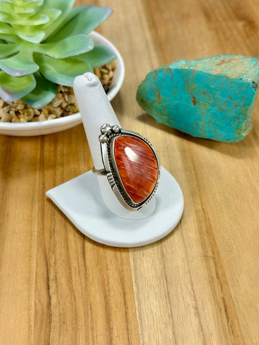Red Spiny Single Stone Sterling Silver Ring