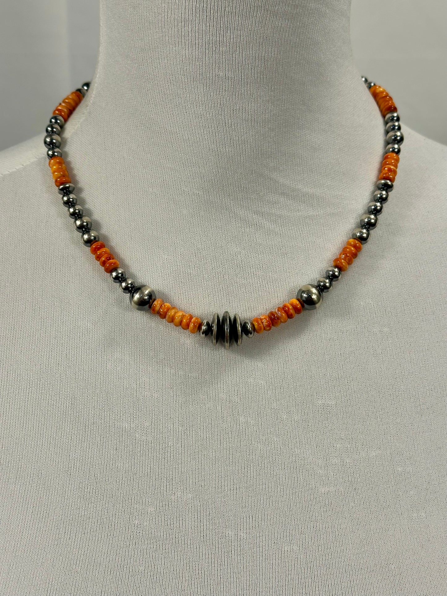 Orange Spiny Oyster & Navajo Pearl Necklace