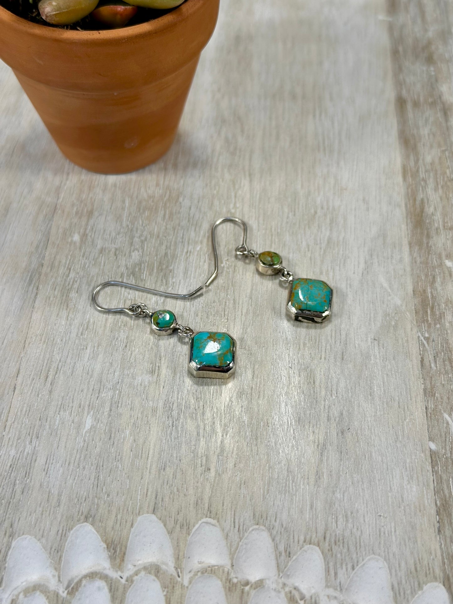 Kingman Turquoise 2 Stone Sterling Silver Dangle Earrings