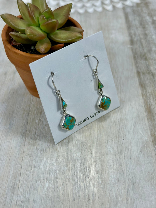 Kingman Turquoise 2 Stone Sterling Silver Dangle Earrings