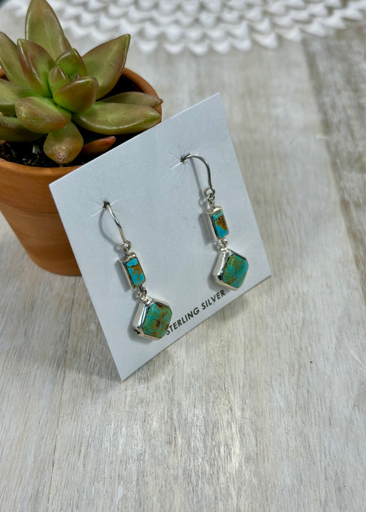 Kingman Turquoise 2 Stone Sterling Silver Dangle Earrings