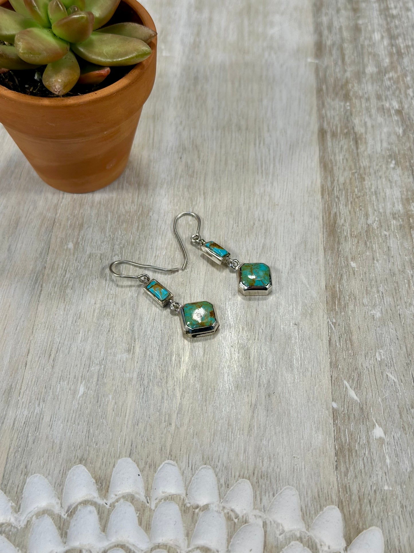 Kingman Turquoise 2 Stone Sterling Silver Dangle Earrings