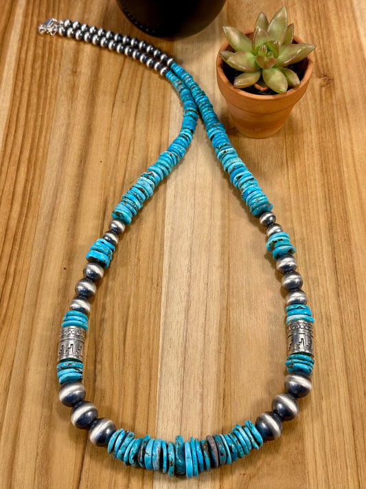 Kingman Turquoise Disc & Sterling Pearl Necklace