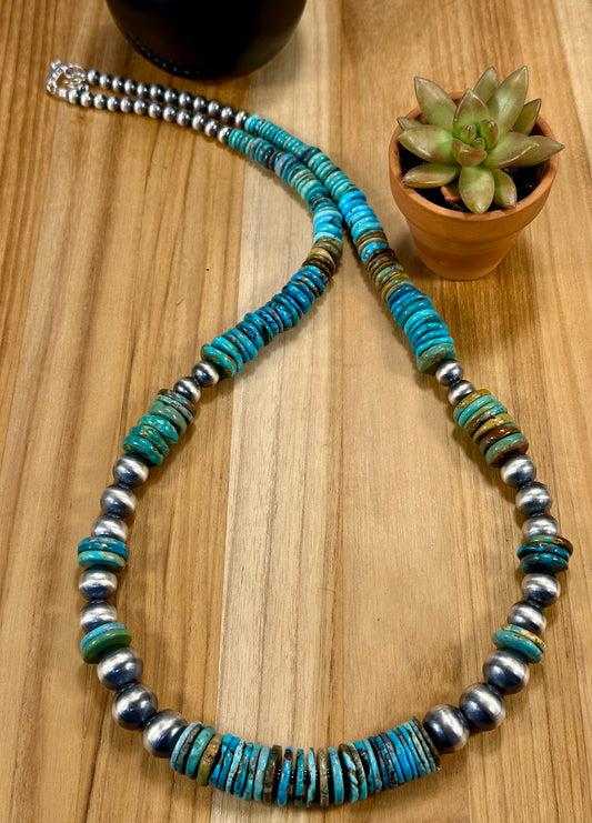 Kingman Turquoise Disc & Sterling Pearl Necklace