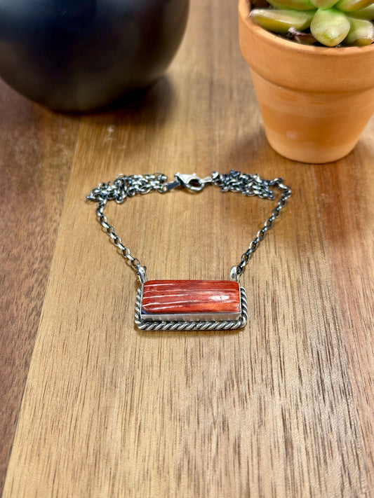 Red Spiny Bar Sterling Silver Necklace