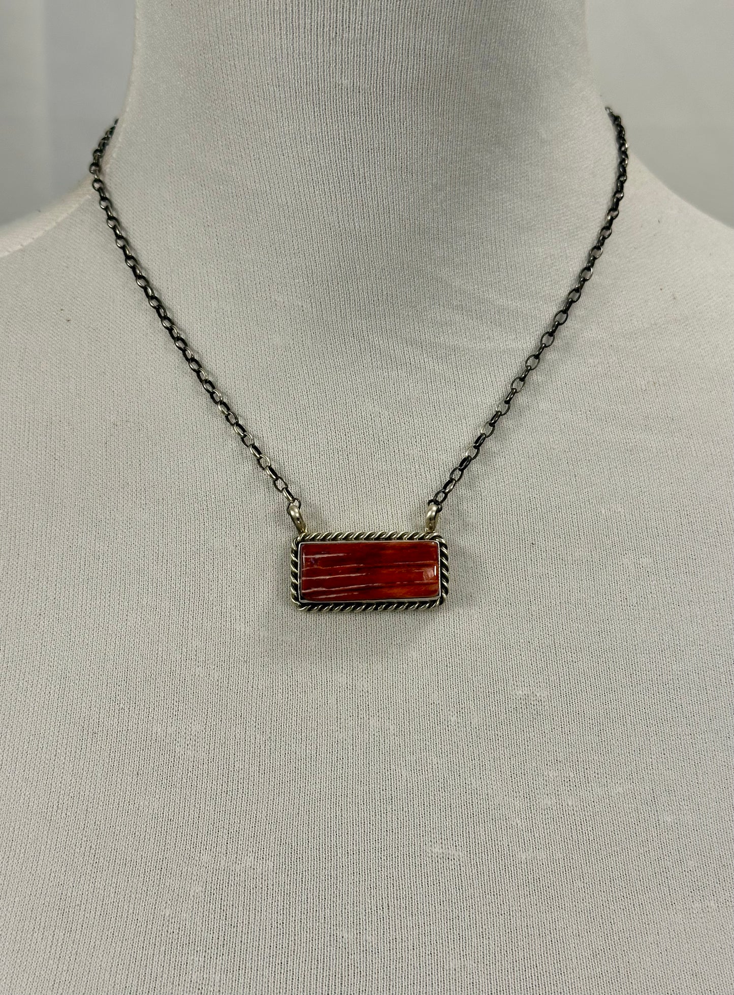 Red Spiny Bar Sterling Silver Necklace