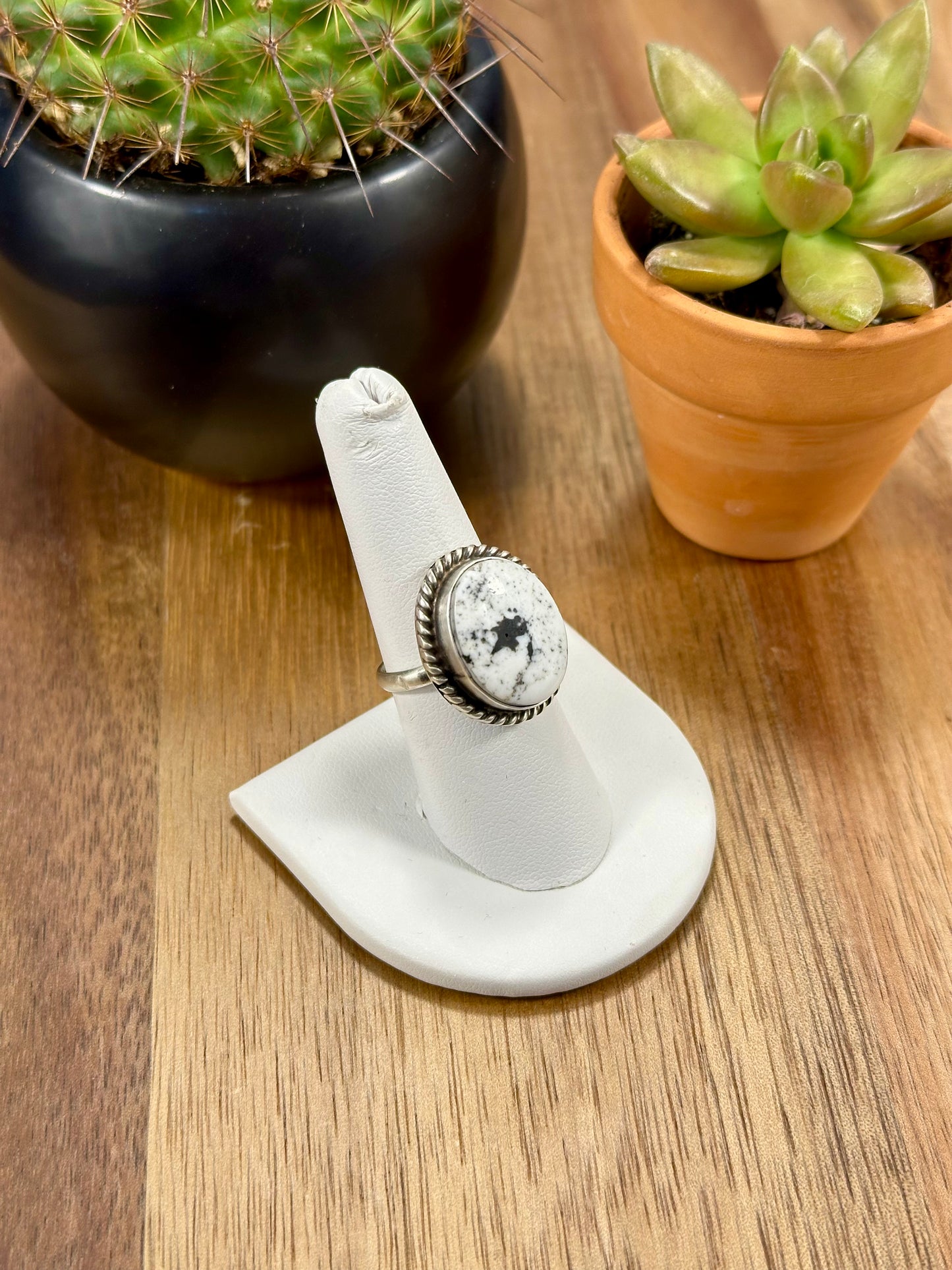 White Buffalo Oval Sterling Silver Ring