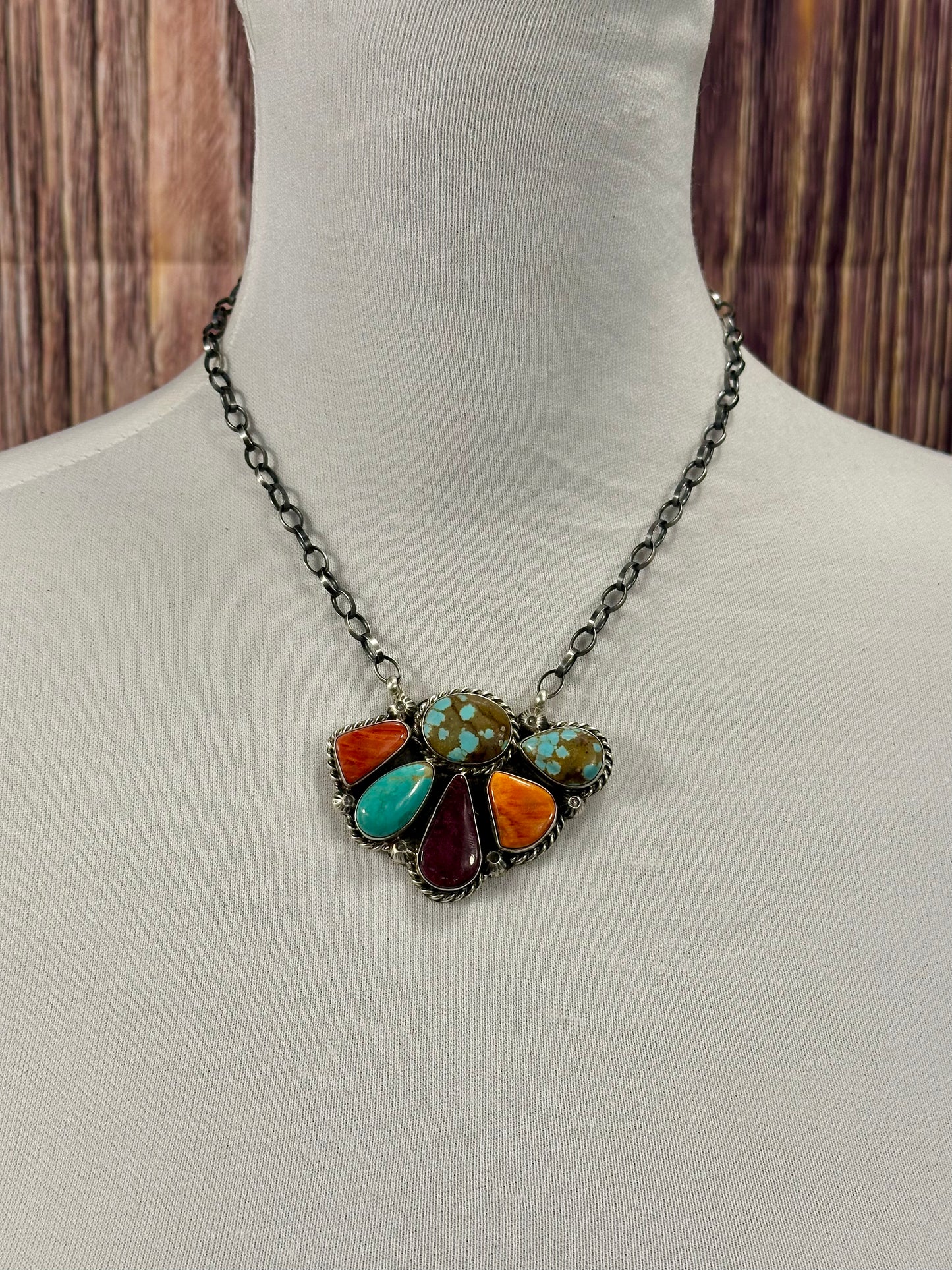 Multi Color Half Cluster Fan Sterling Silver Necklace
