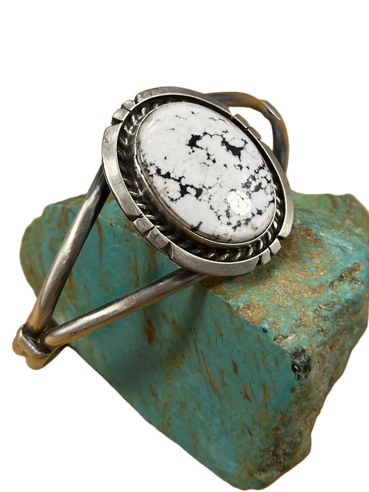 White Buffalo Oval Sterling Silver Cuff Bracelet