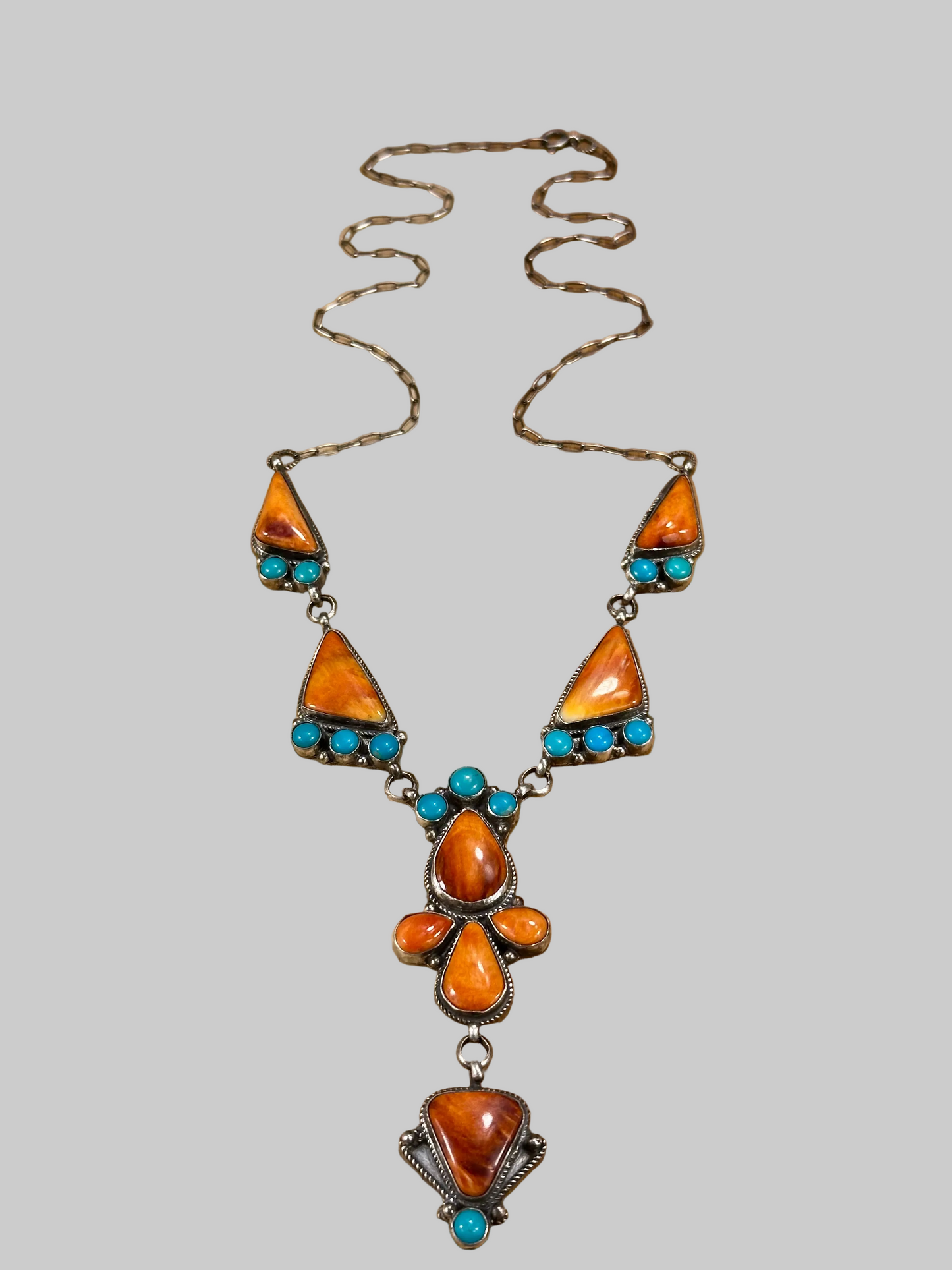 Orange Spiny and Kingman Turquoise Cluster Lariat