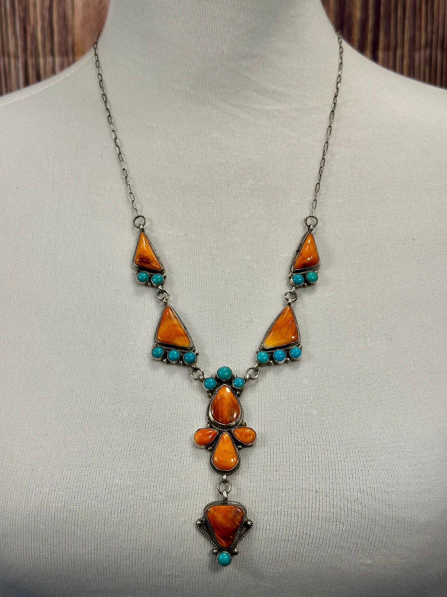 Orange Spiny and Kingman Turquoise Cluster Lariat