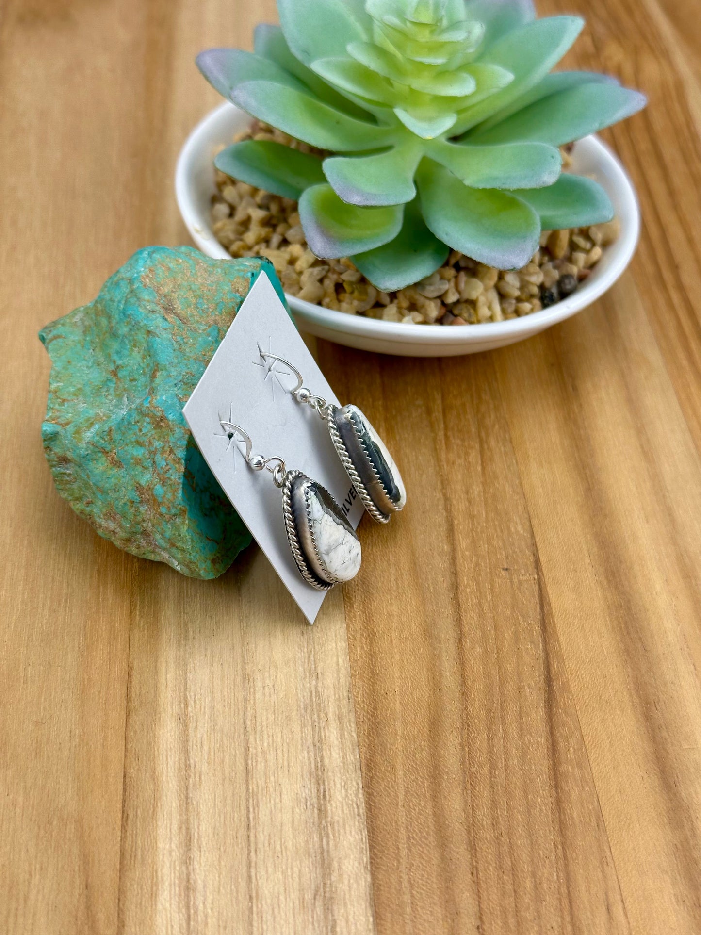 White Buffalo Oval Sterling Silver Dangle Earrings