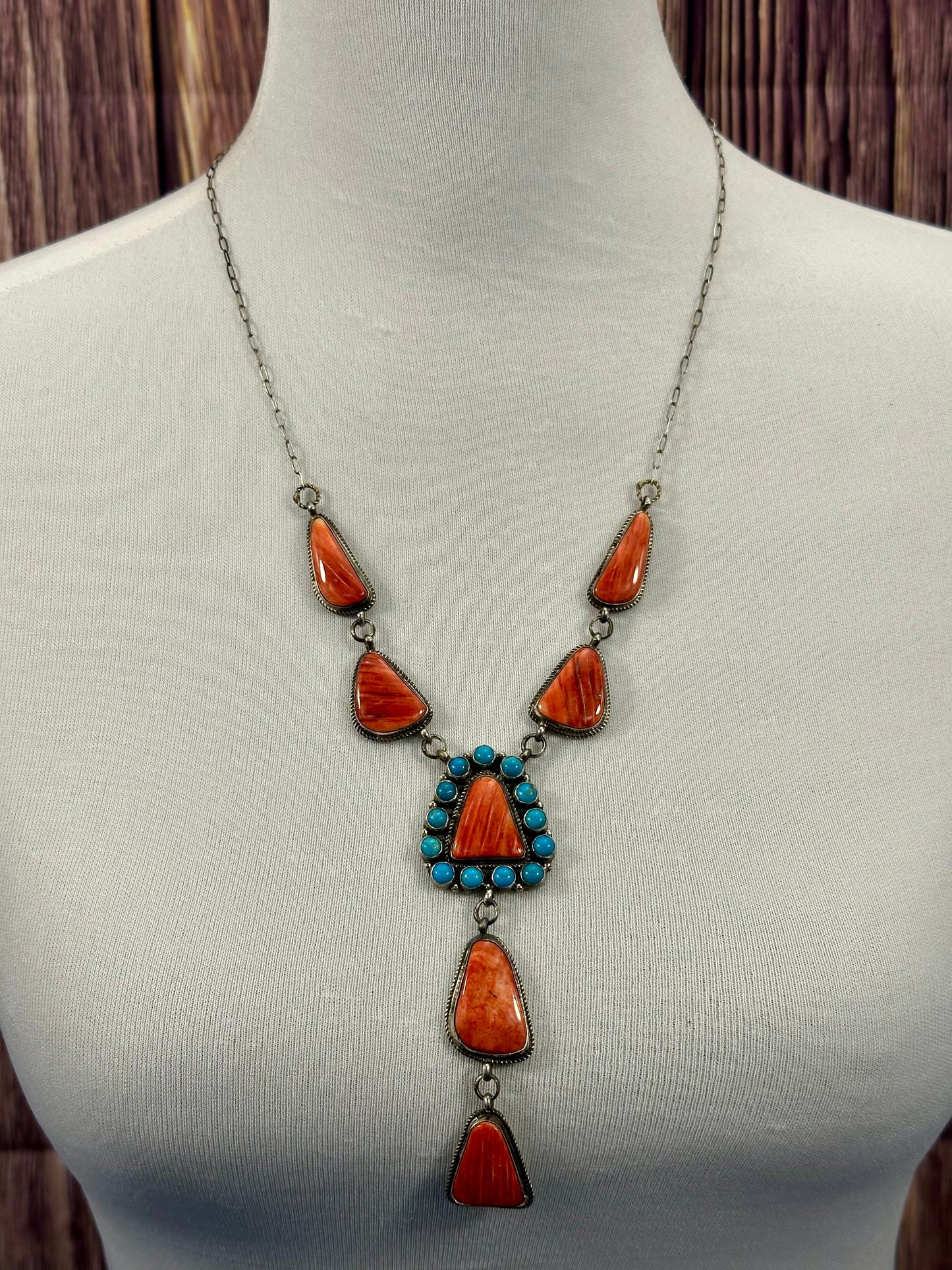 Red Spiny and Kingman Turquoise Sterling Lariat