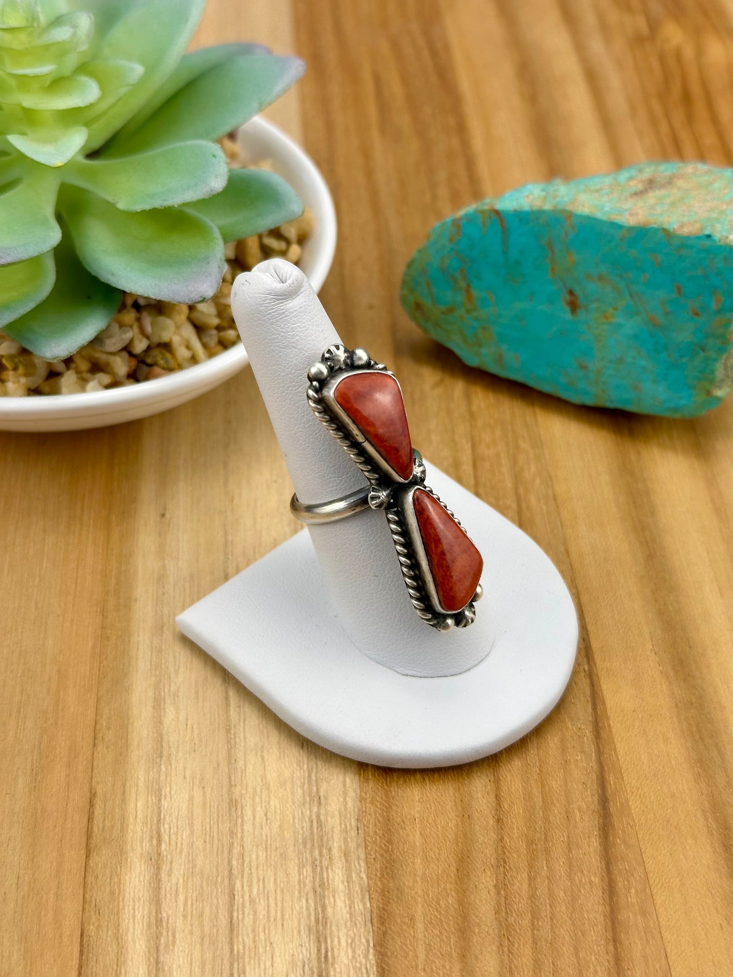 Red Spiny 2 Stone Sterling Silver Ring