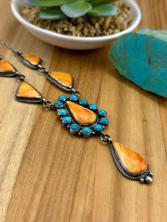 Orange Spiny and Kingman Turquoise Sterling Lariat