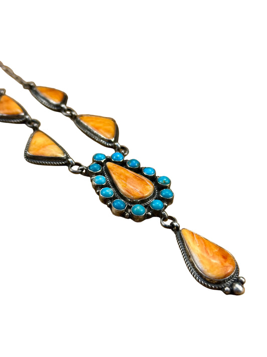 Orange Spiny and Kingman Turquoise Sterling Lariat