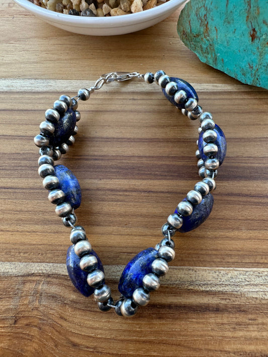 Lapis Silver Pearl Bracelet