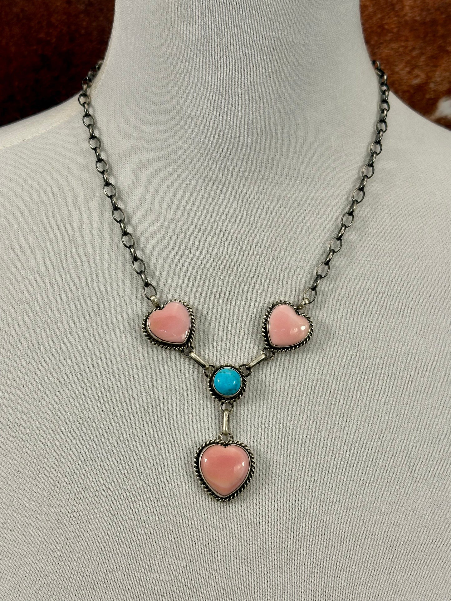 Kingman Turquoise and Pink Conch Mini Lariat Necklace Set