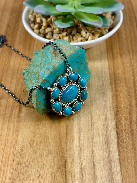 Kingman Turquoise Sterling Cluster Necklace