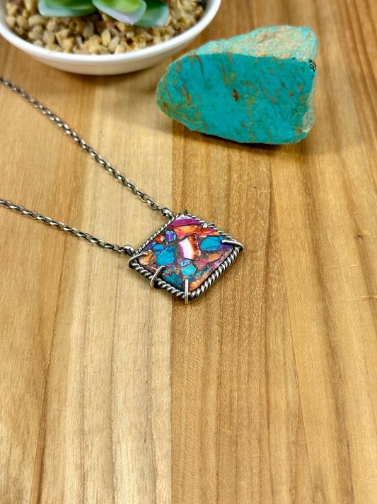 Pink & Orange Dahlia Square Waterproof Necklace
