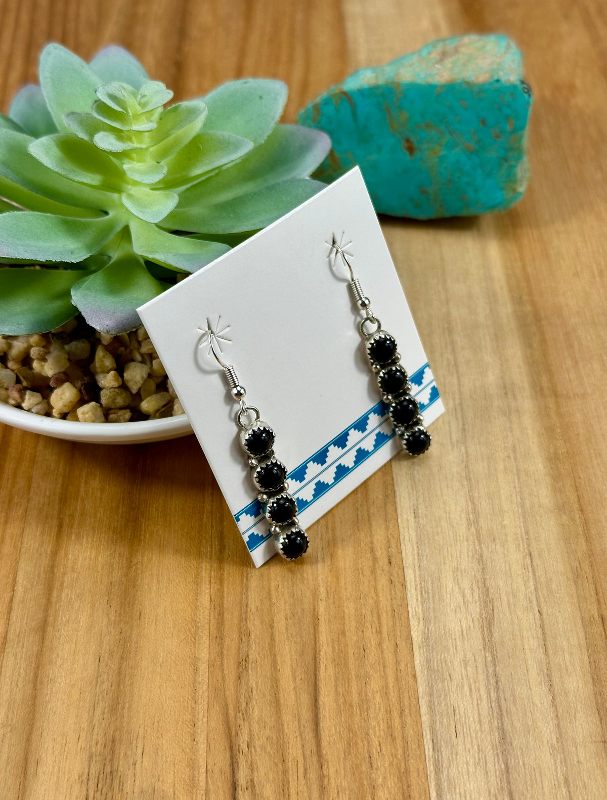 Black Onyx 4 Stone Row Dangle Earrings
