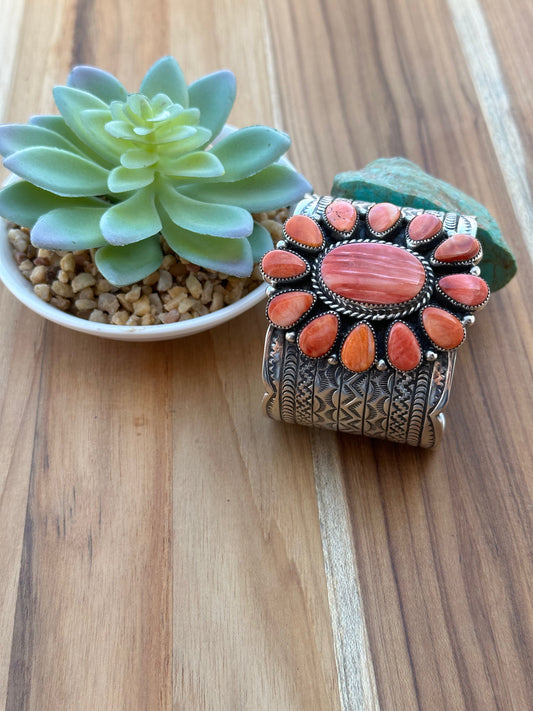 Red Spiny Floral Cluster Cuff Bracelet
