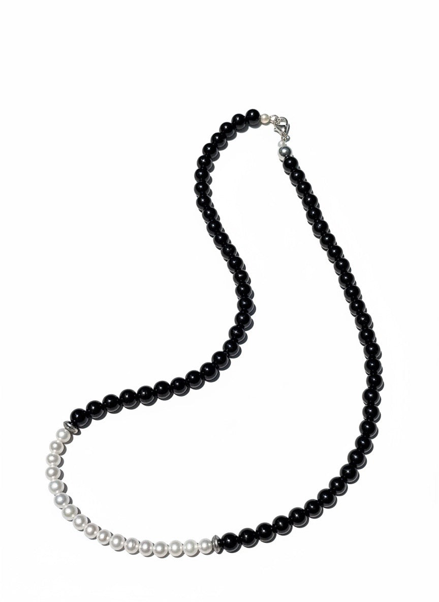 20” Shiny Onyx Beads and Freshwater Pearl Necklace