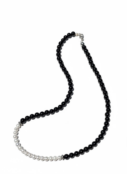 20” Shiny Onyx Beads and Freshwater Pearl Necklace