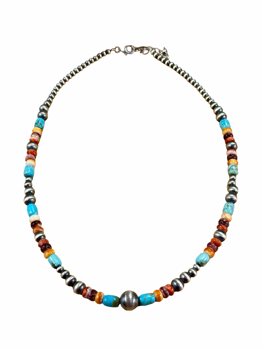 Multi-Color Bead & Sterling Pearl Necklace