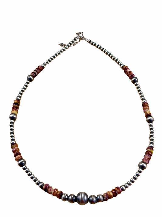 Purple Spiny Oyster and Silver Pearl Bead Necklace