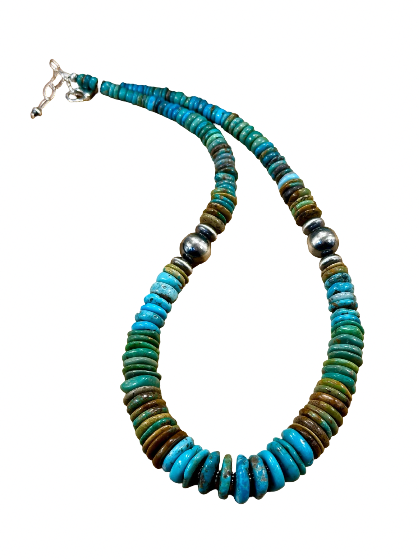 Kingman Turquoise Multi Color Disc & Sterling Silver Pearl Necklace