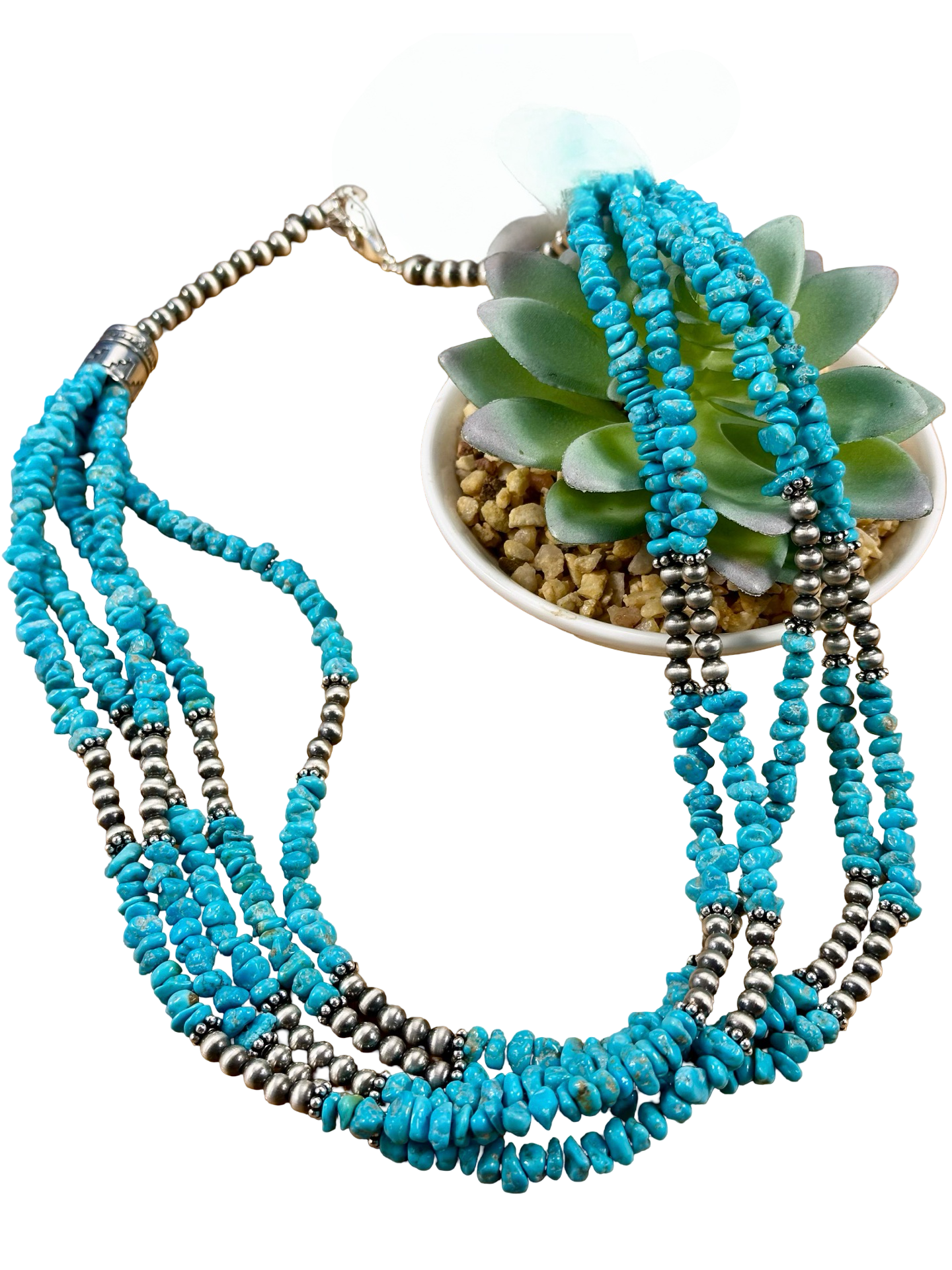 Kingman Turquoise Chip & Sterling Pearl Necklace