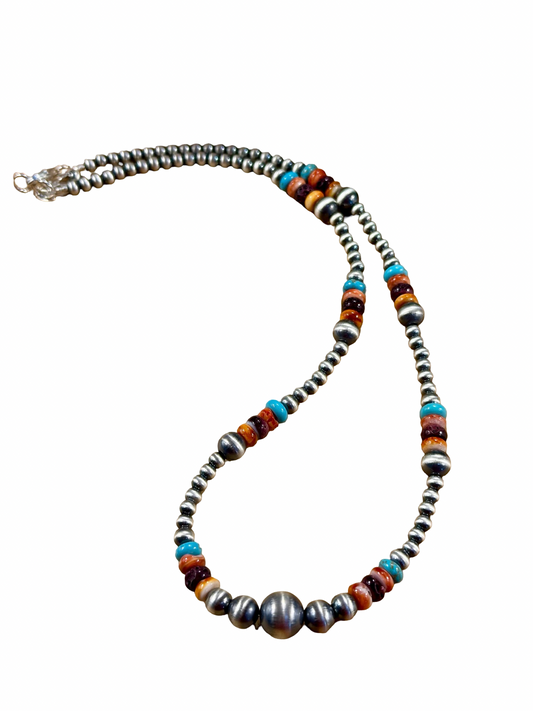 Multi-Color Bead and Sterling Pearl Necklace