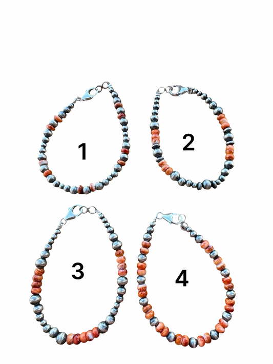 Sterling Pearl & Orange Spiny Bead Bracelet