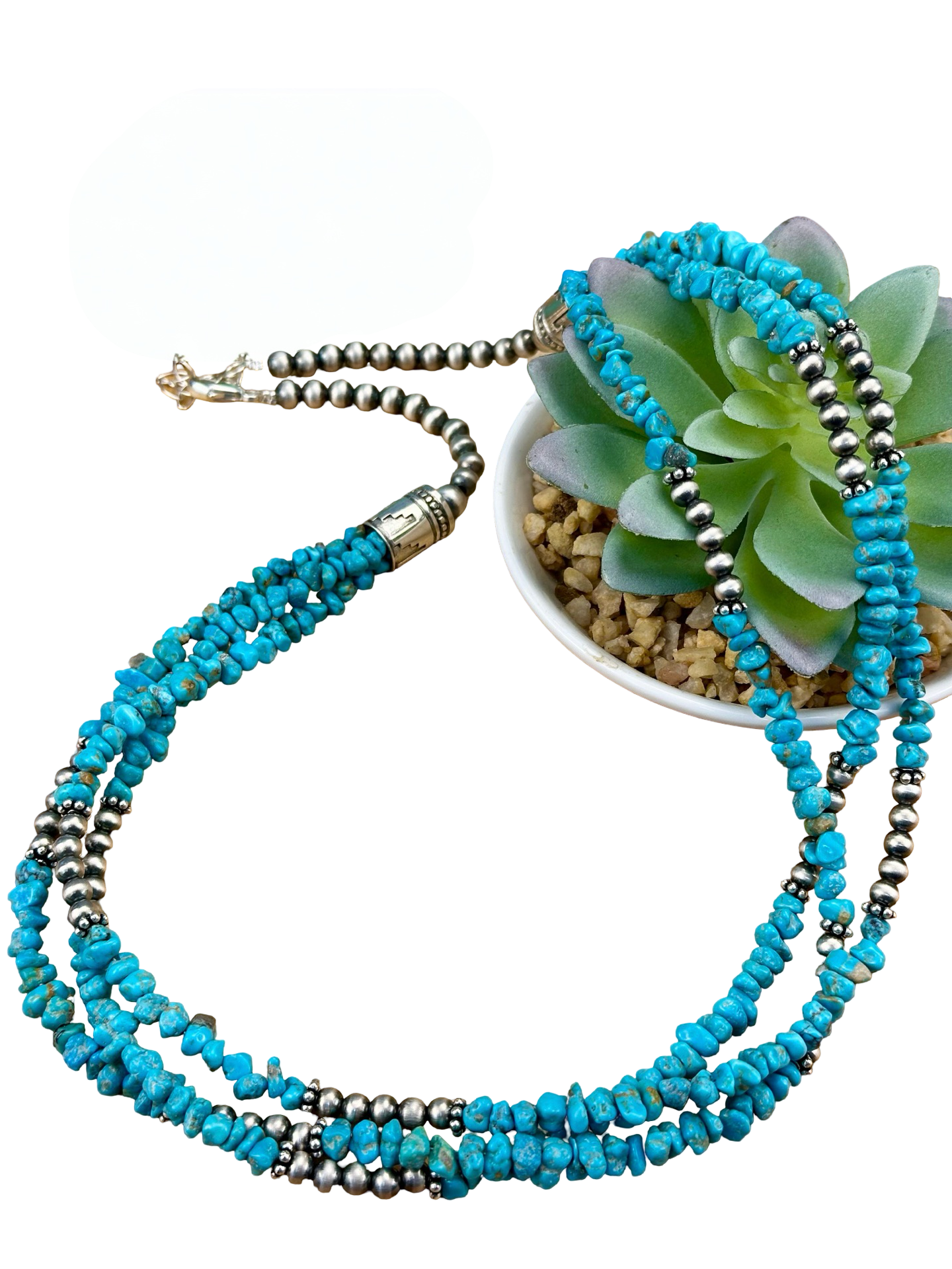 Kingman Turquoise 3 Strand Chip & Sterling Pearl Necklace