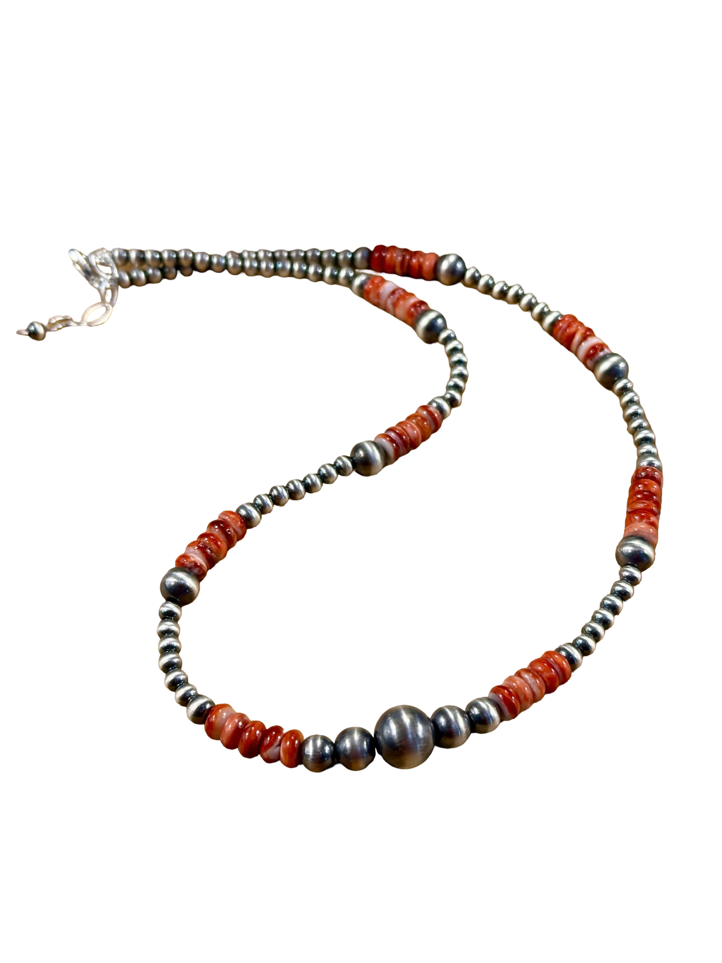 Red Spiny Oyster and Silver Pearl Bead Necklace