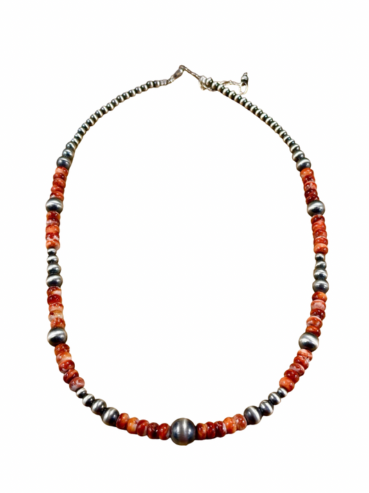 Red Spiny Oyster & Silver Pearl Bead Necklace