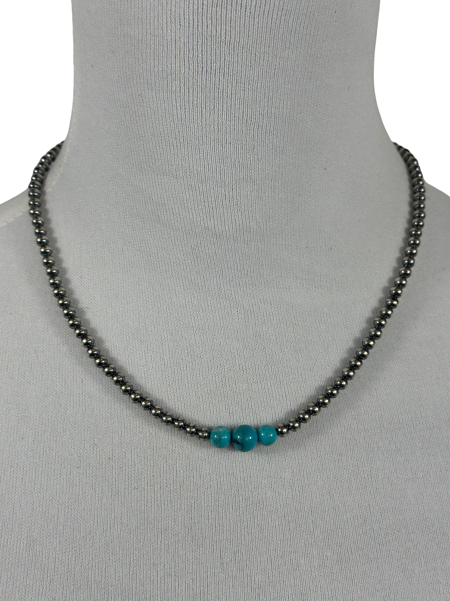 4-6-8mm Sterling Silver and Kingman Turquoise Necklace